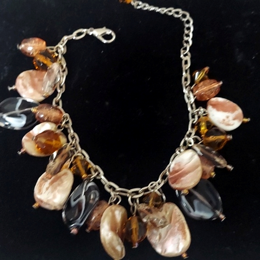 Handcrafted Beaded Stone Glass, Sea Shell Charm Silver Bracelet